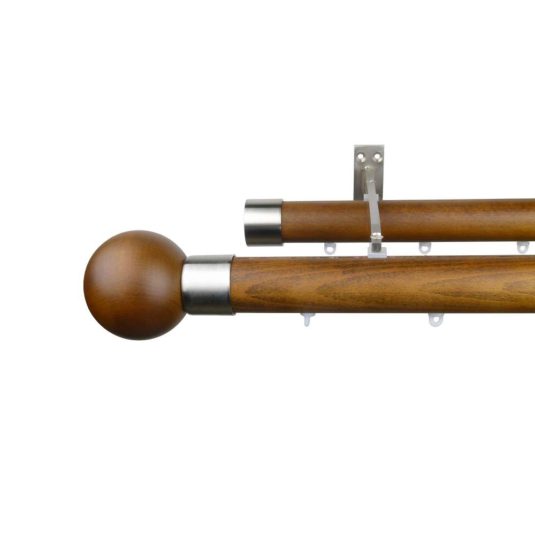 Reims M81 35 mm Finial  Ball Beech Wood Pole Set Double Bracket  for 8 cm Wave Curtains Dark Oak