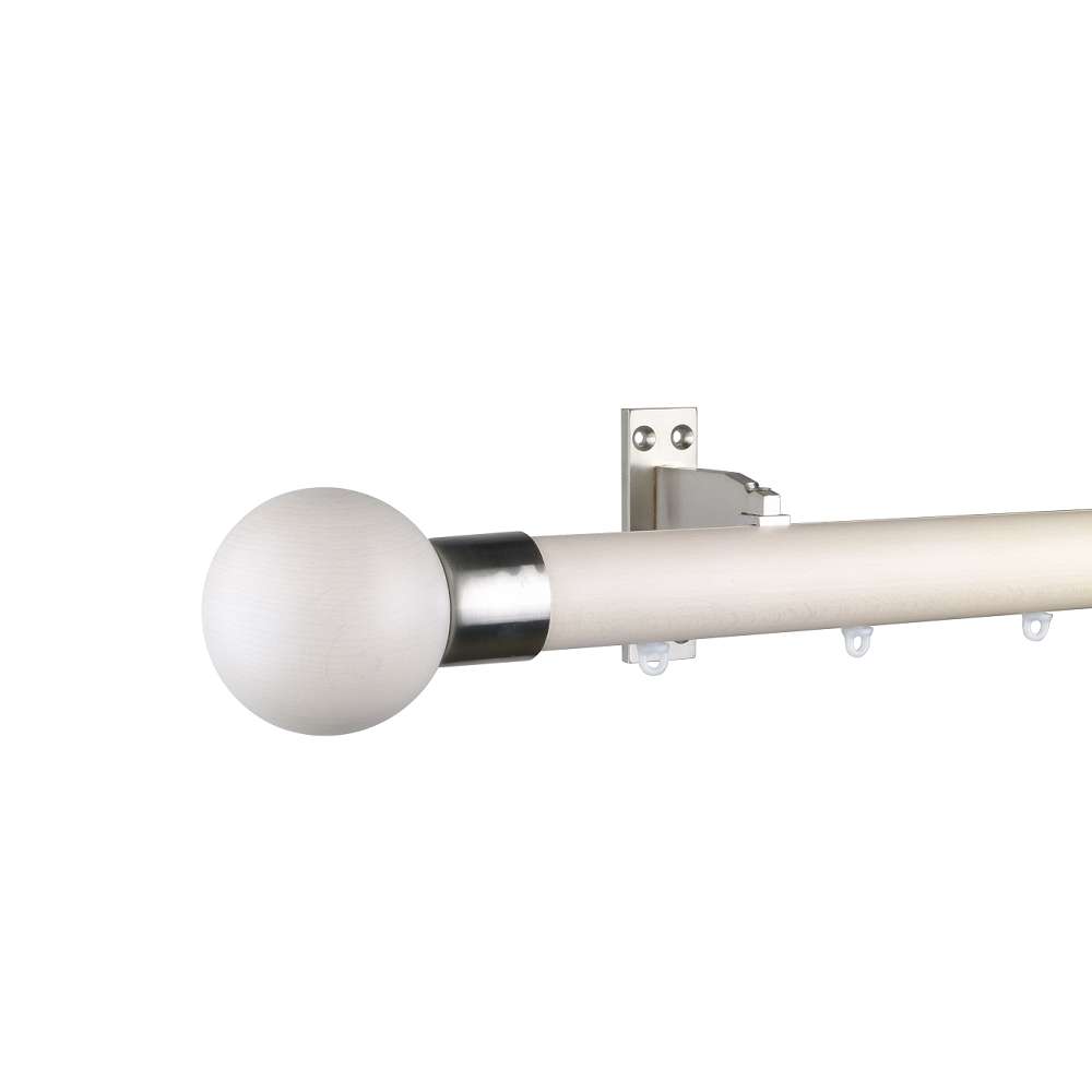 Reims M81 35 mm Finial Ball Beech Wood Pole Set Single Bracket Ceiling Bracketfor 8 cm Wave Curtains Ivory
